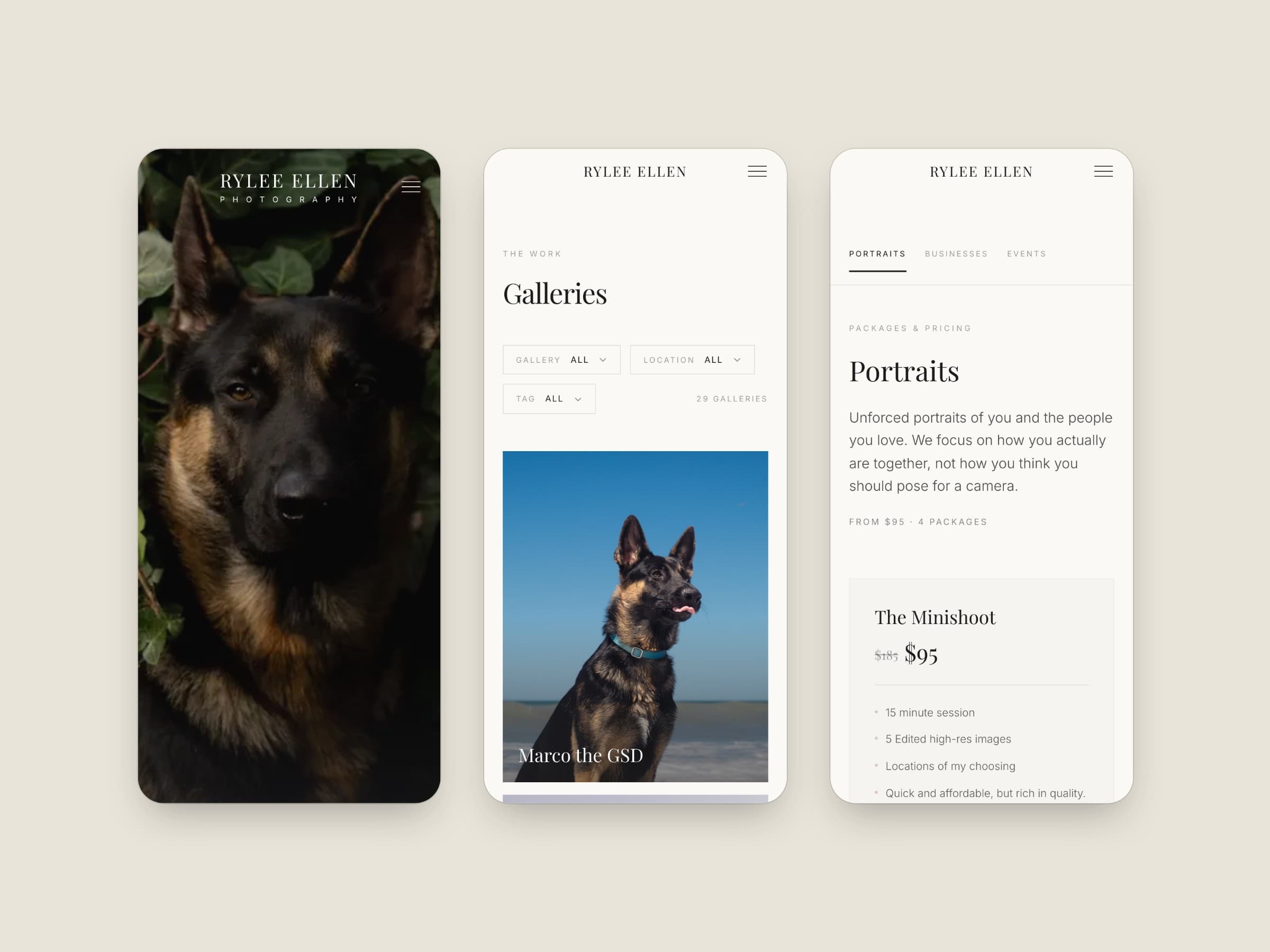 Three phone screens side by side: the home page portrait, the filtered galleries index, and the portraits pricing down to the Minishoot's $95 card.