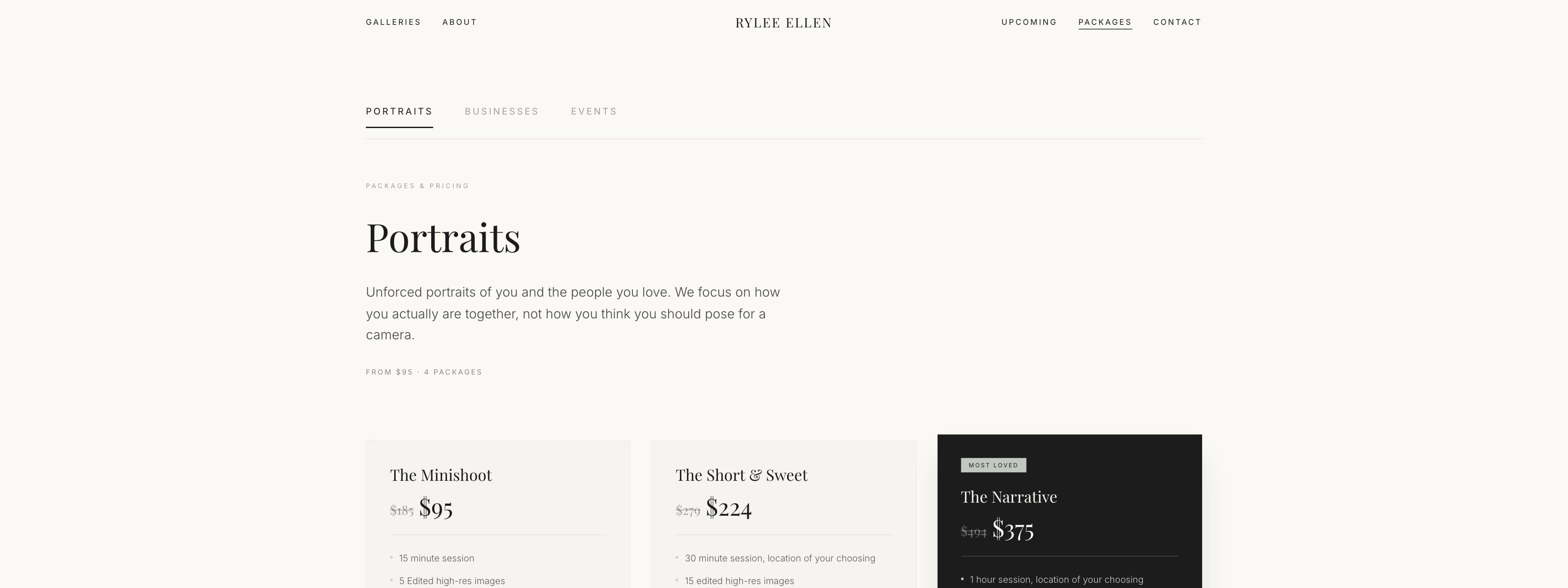 The portraits packages page: “Unforced portraits of you and the people you love”, over priced cards — the Minishoot at $95, the Short & Sweet at $224, and the Narrative at $375.