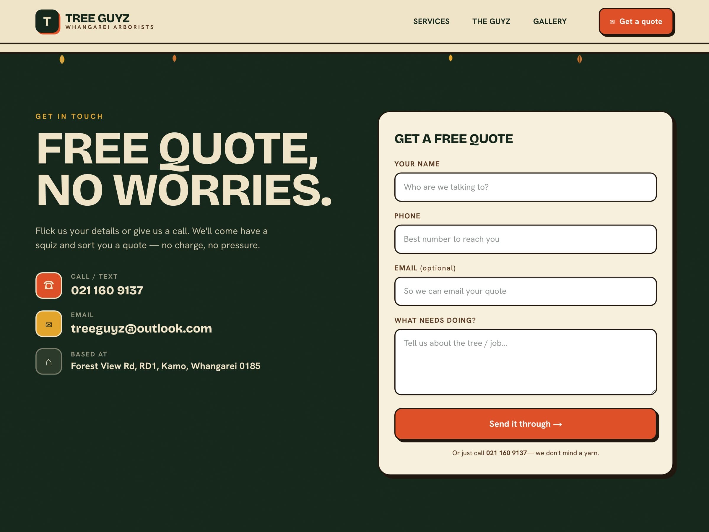 The quote section: “Free quote, no worries”, with the phone number, email and Kamo address beside a form asking for a name, a phone number, an optional email and what needs doing.