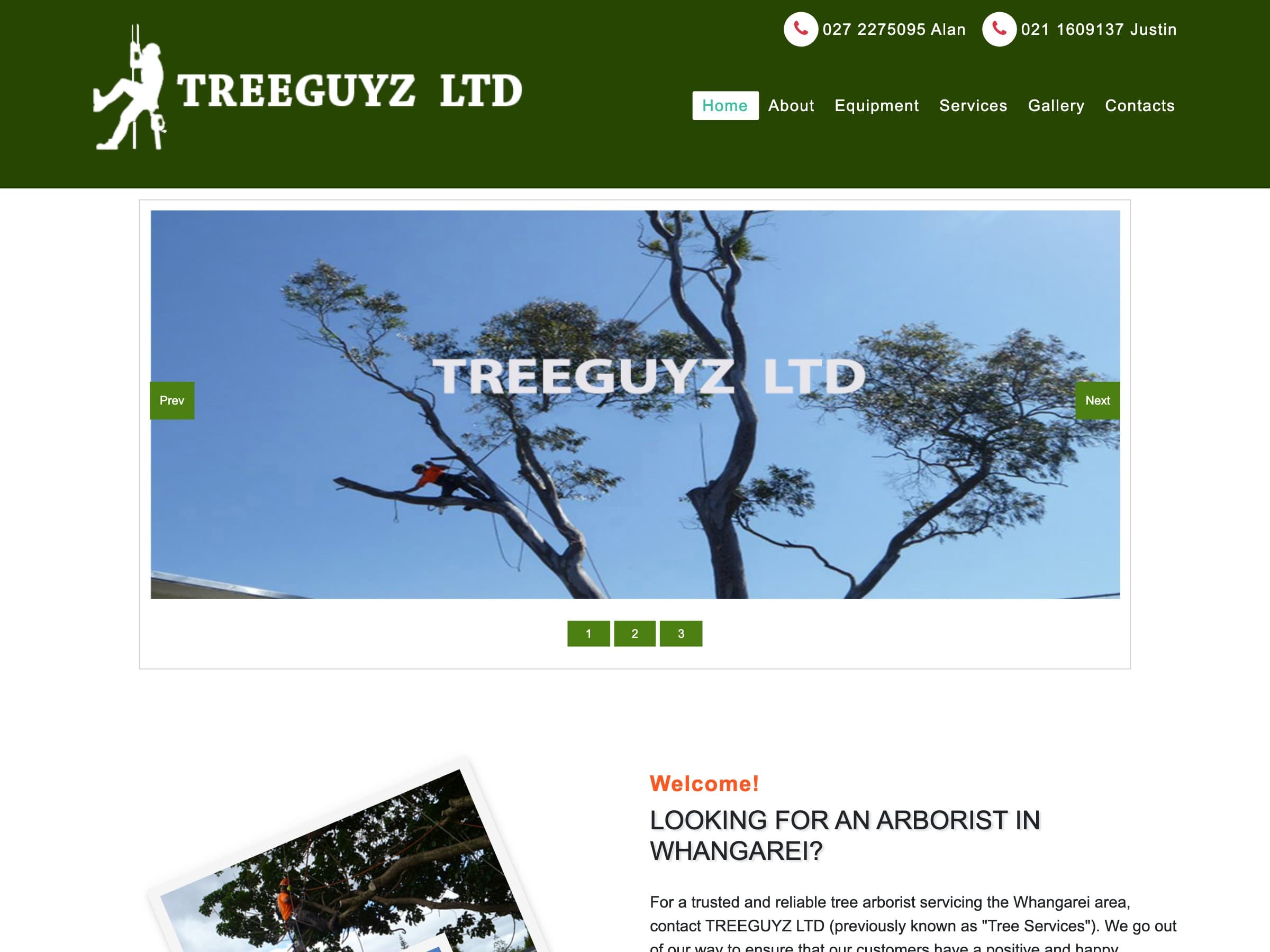 The site this replaced, still serving at treeguyz.co.nz: a dark green header with two mobile numbers along the top, over a bordered carousel captioned TREEGUYZ LTD with Prev, Next and 1-2-3 controls.