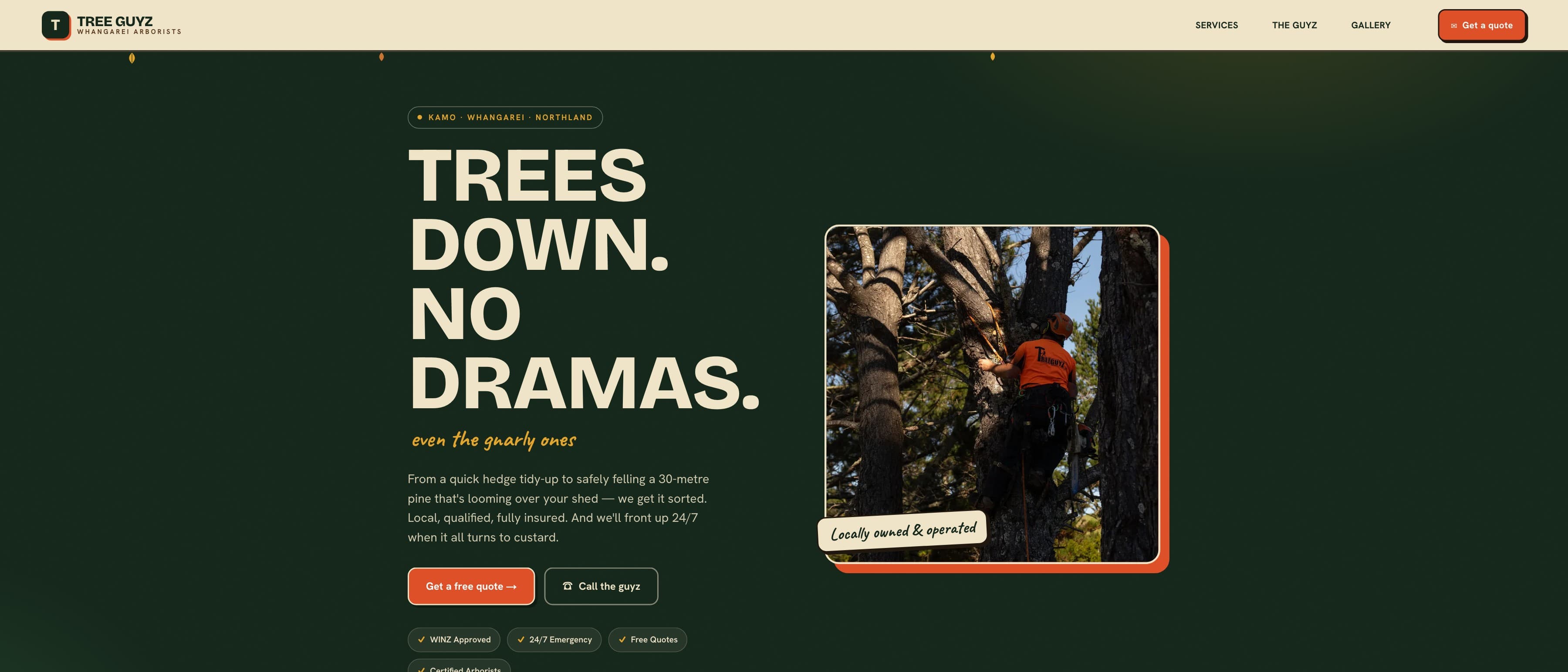 The Tree Guyz home page — “Trees down. No dramas.” in cream on dark green, beside a photograph of a climber roped into a pine, above “Get a free quote” and “Call the guyz”.