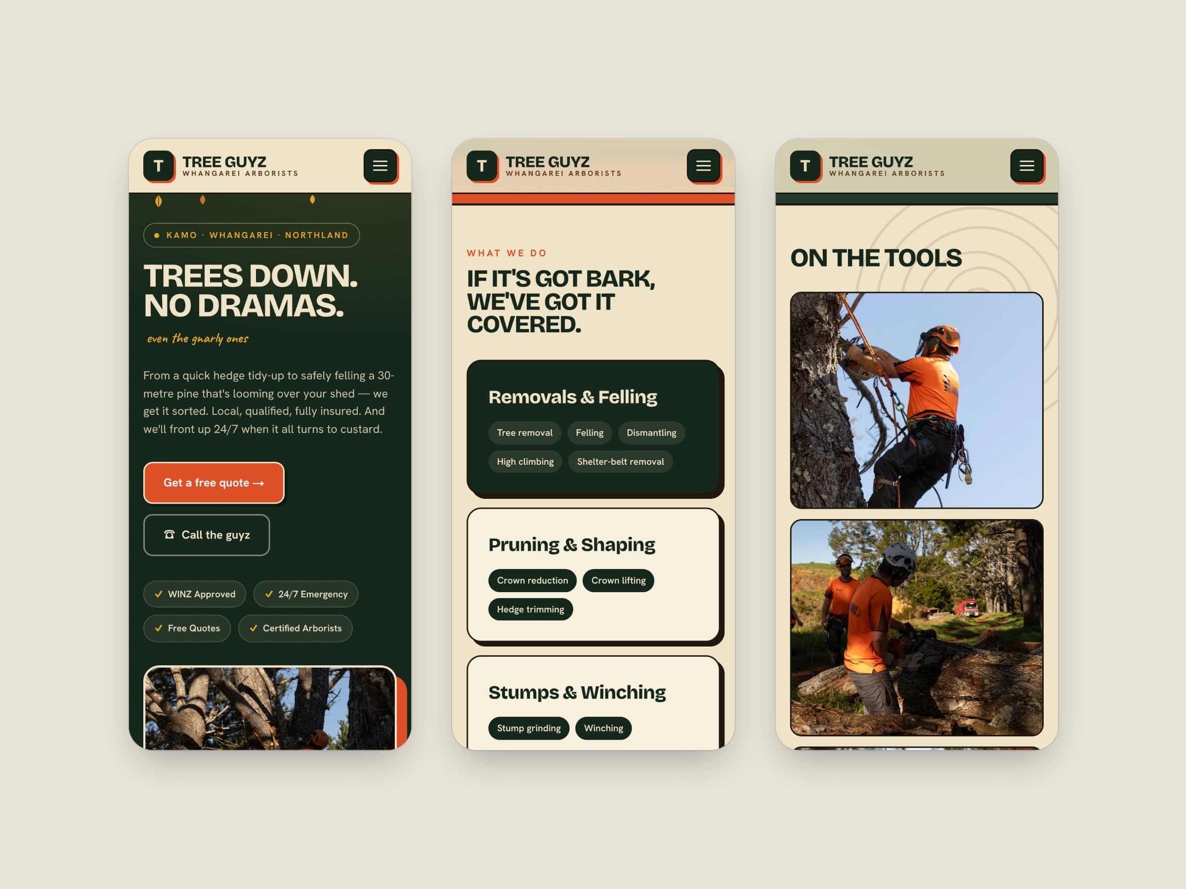 Three phone screens side by side: the Tree Guyz home page, the services cards, and the “On the tools” gallery.