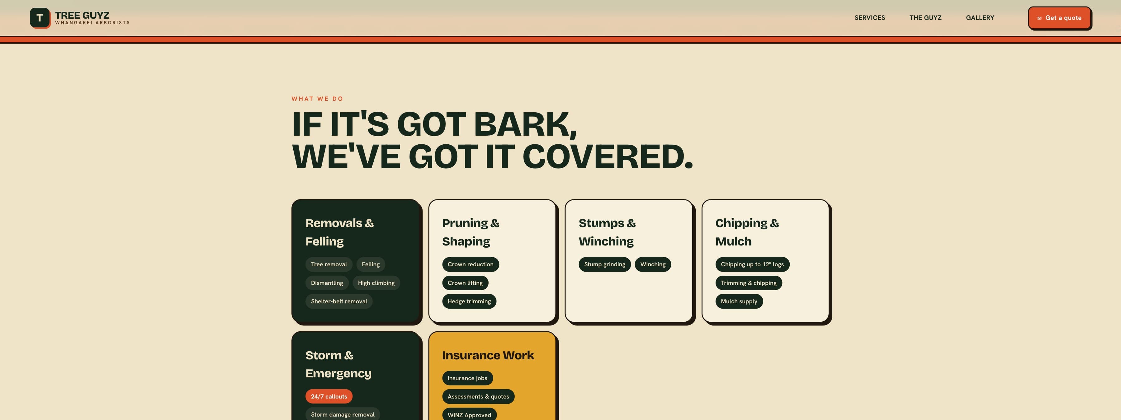 The services section: “If it's got bark, we've got it covered”, in cards for removals and felling, pruning and shaping, stumps and winching, chipping and mulch, storm and emergency, and insurance work.
