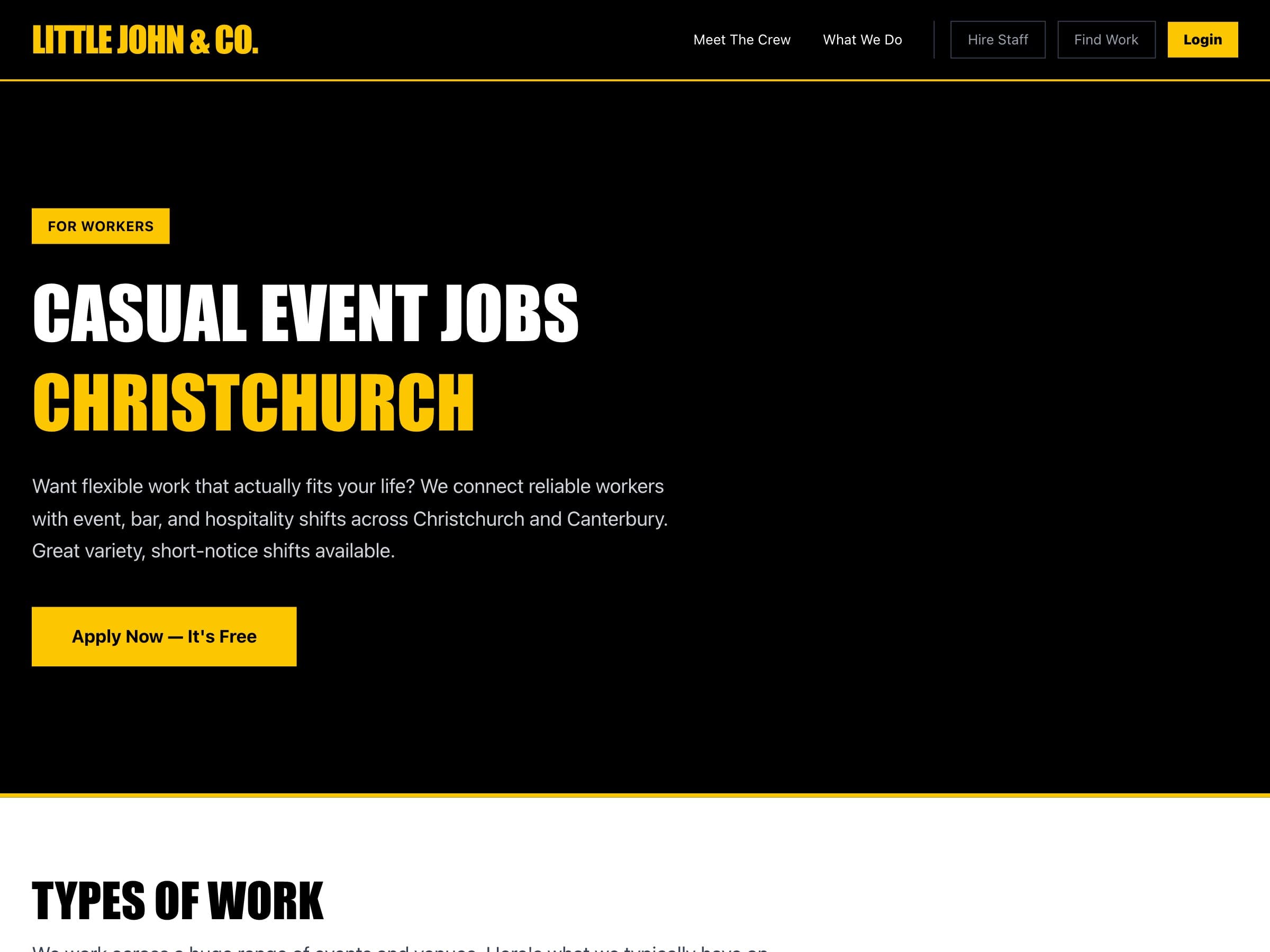 The jobs page, tagged “For workers”: “Casual event jobs Christchurch”, and a button reading “Apply now — it's free”.