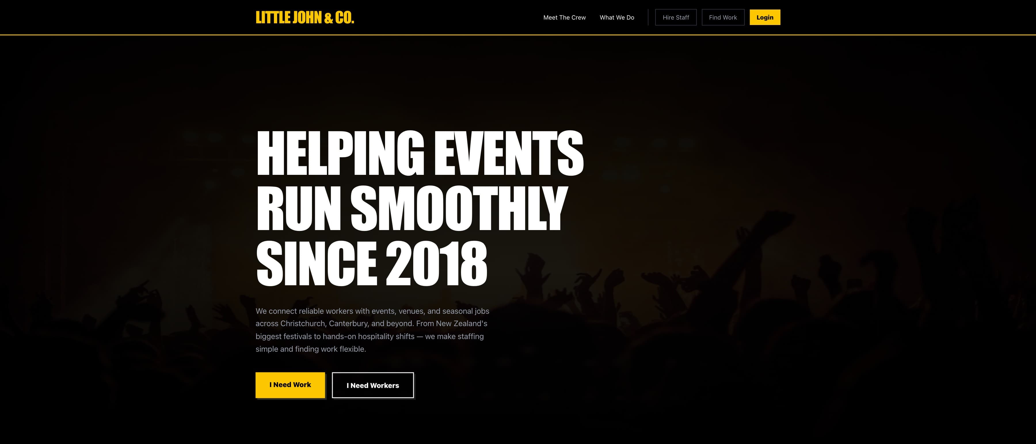 The Little John & Co home page — “Helping events run smoothly since 2018” in white over a darkened crowd, above buttons reading “I need work” and “I need workers”.