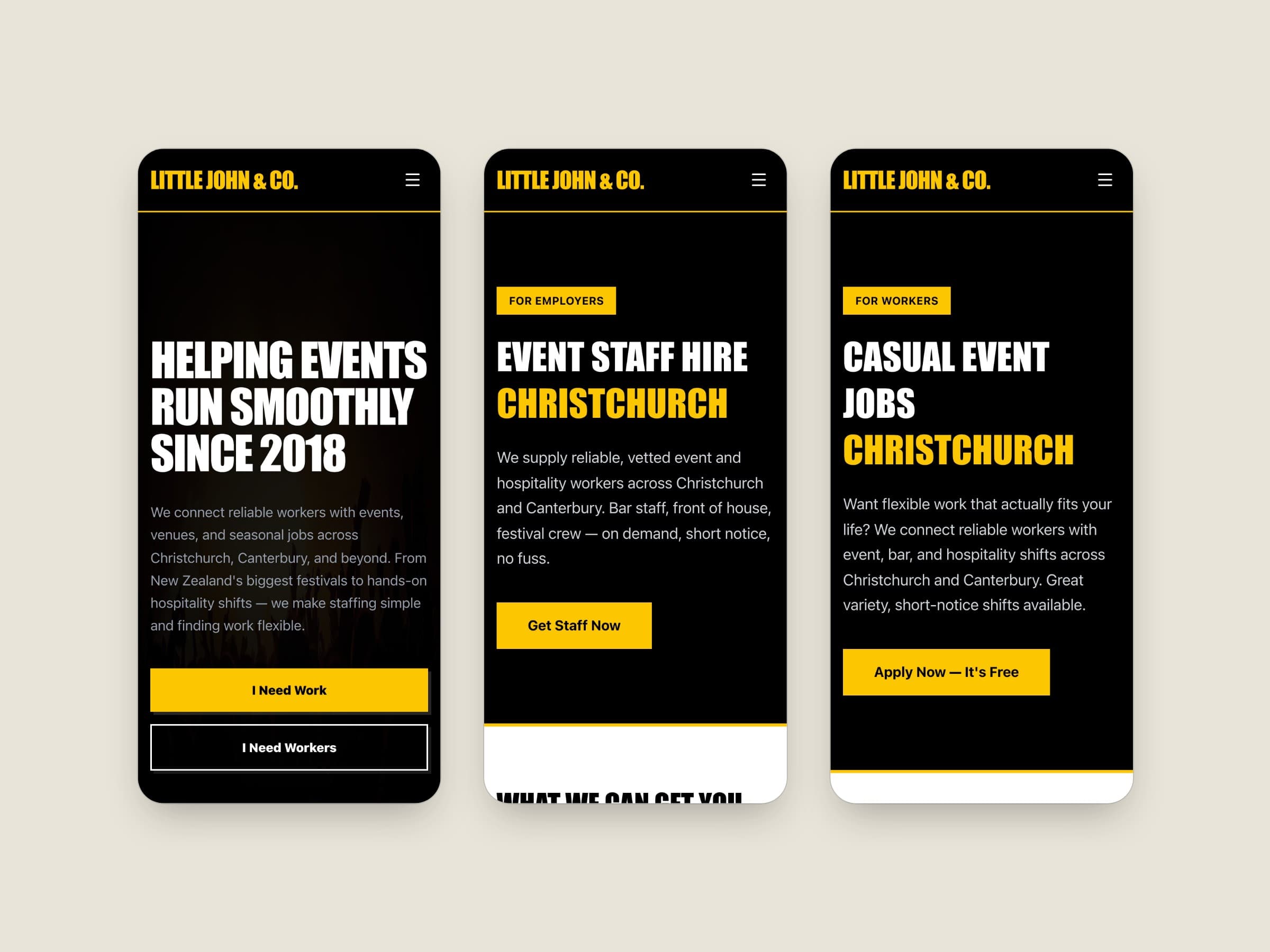 Three phone screens side by side: the Little John & Co home page, the hire page for employers, and the jobs page for workers.