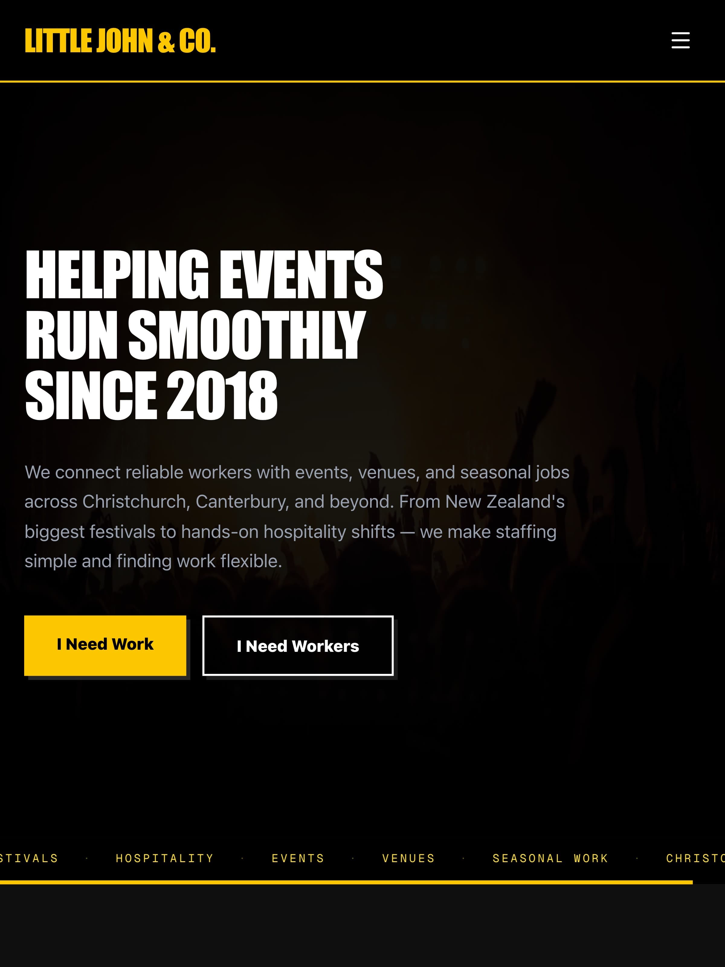 The Little John & Co home page held upright: the wordmark and a burger menu on black, “Helping events run smoothly since 2018”, and the two doors — “I need work”, “I need workers” — stacked over a crowd.