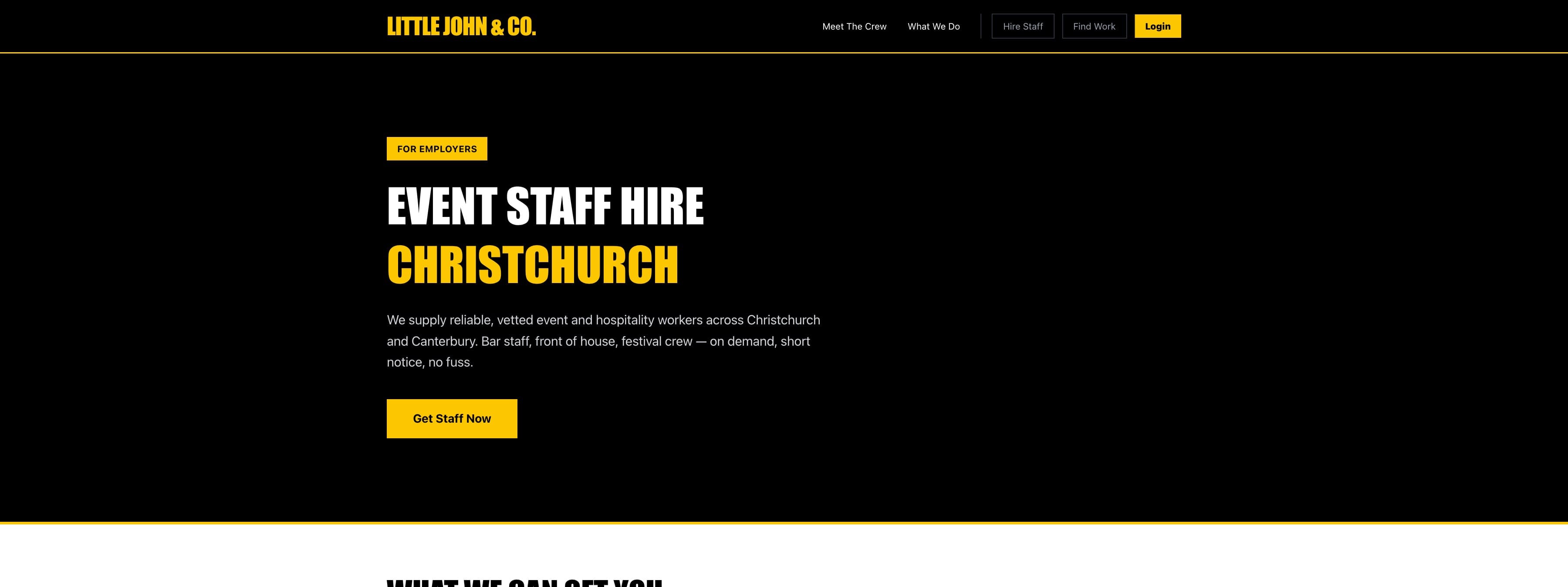 The hire page, tagged “For employers”: “Event staff hire Christchurch”, and a “Get staff now” button.