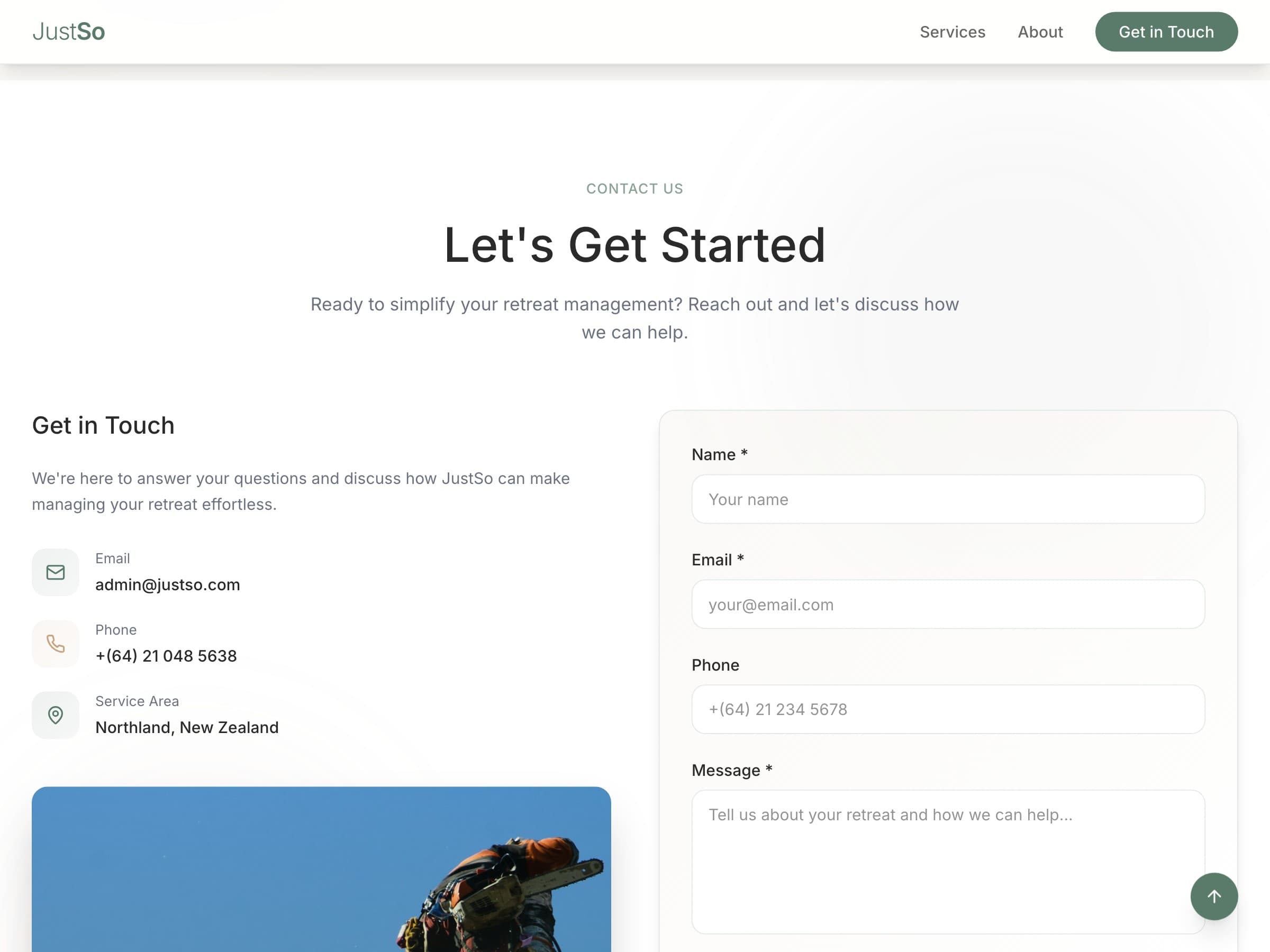 The contact section: “Let's get started”, with the email address, phone number and Northland service area beside a name, email, phone and message form.