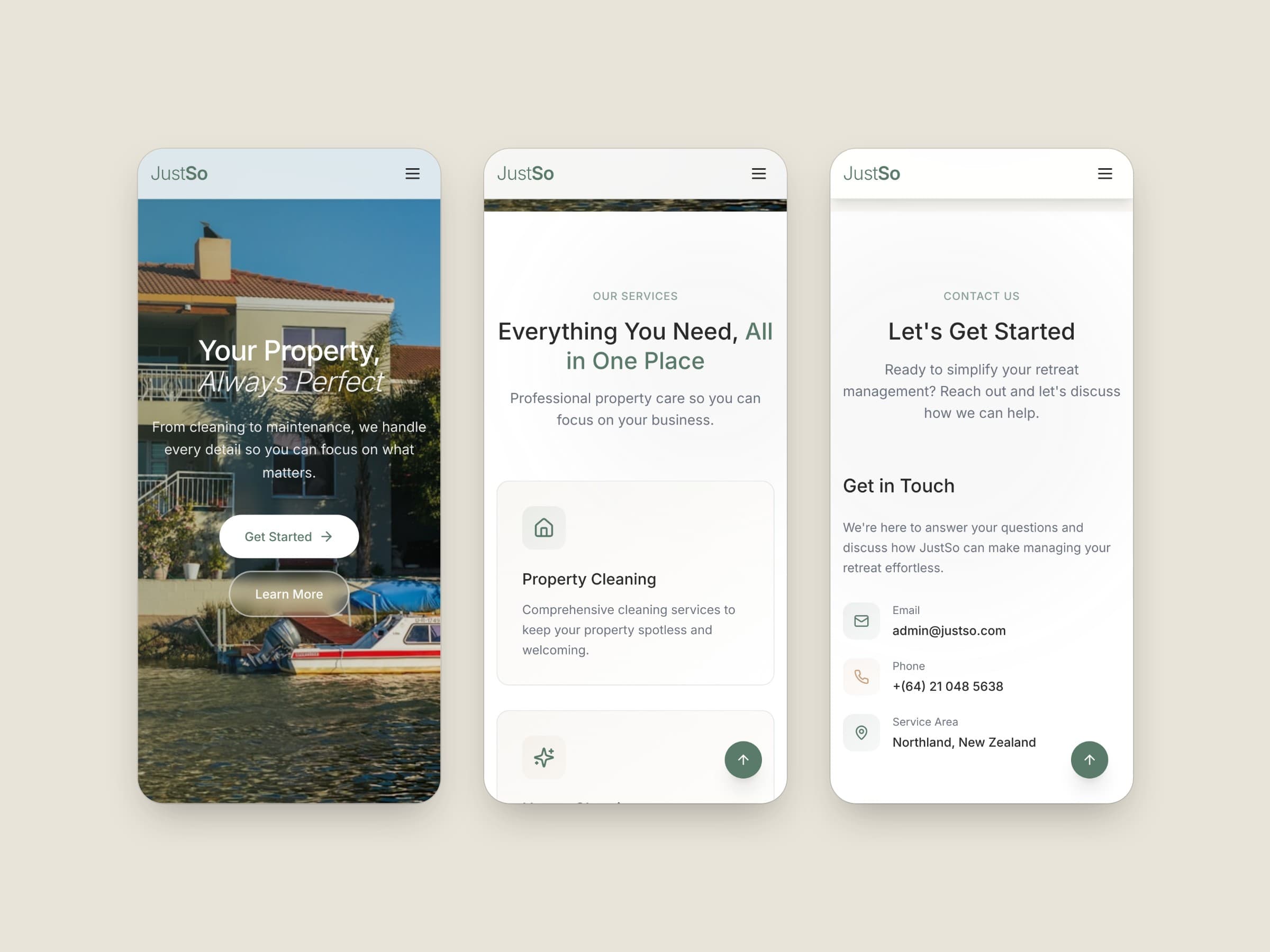Three phone screens side by side: the JustSo home page, the services cards, and the contact section with its form.