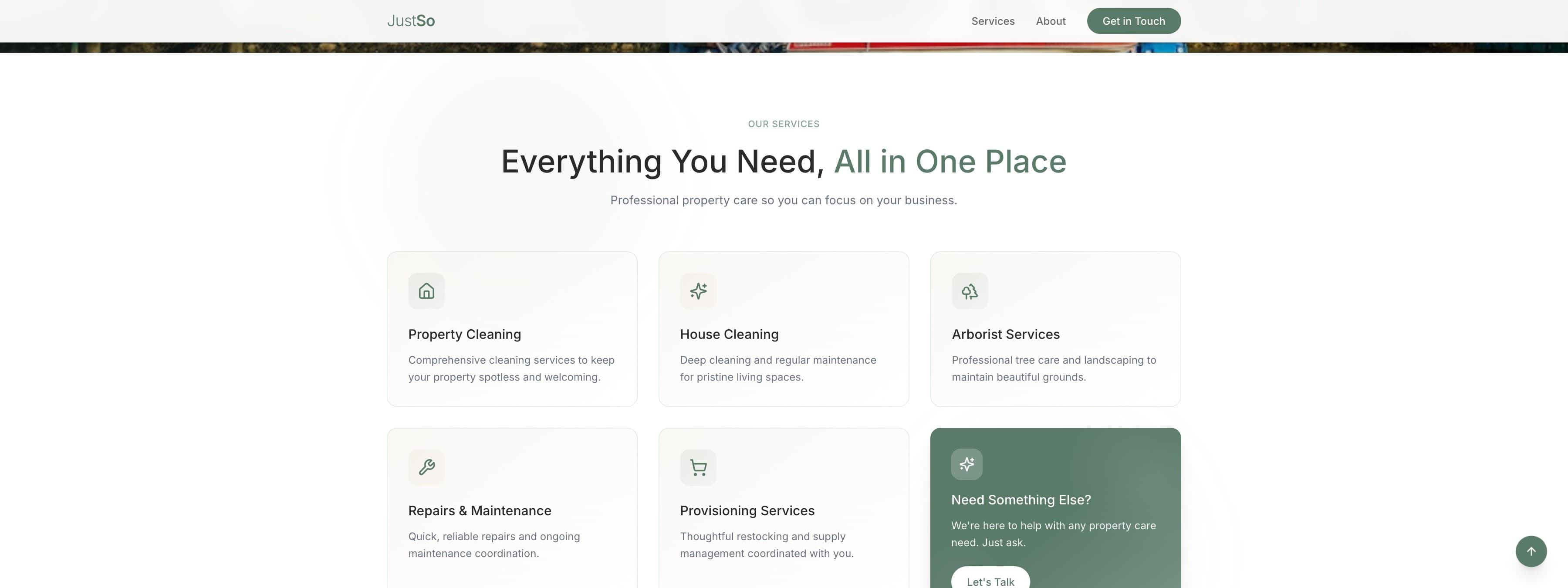 The services section: “Everything you need, all in one place”, in cards for property cleaning, house cleaning, arborist services, repairs and maintenance, provisioning, and a green “Need something else?”.